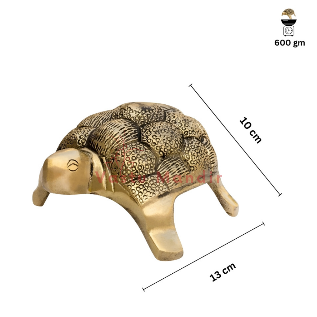 Brass small tortoise idol dimension diagram showing 13 cm length, 10 cm width and 600 g weight
