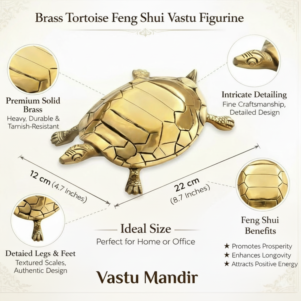 Large pure brass tortoise idol feature infographic highlighting shell panels and solid brass body