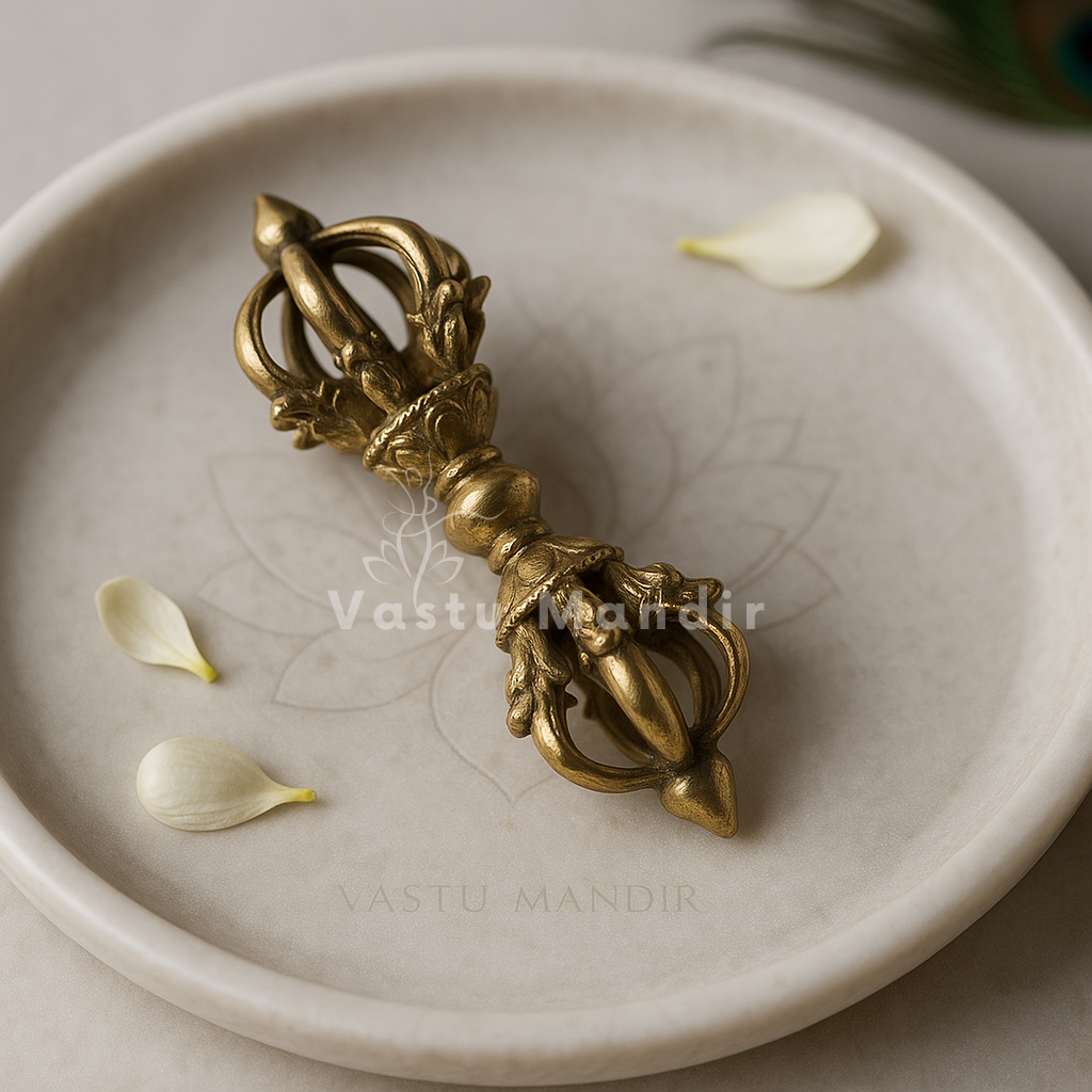 Brass Vajra Dorje ritual tool alternate diagonal view on a beige plate