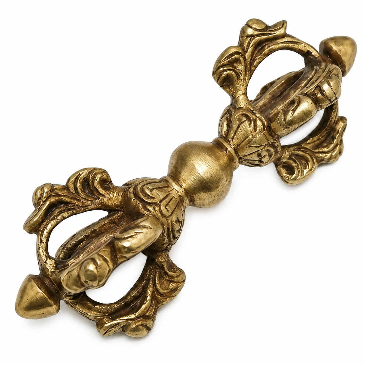 Small brass Vajra Dorje front diagonal view isolated on white background