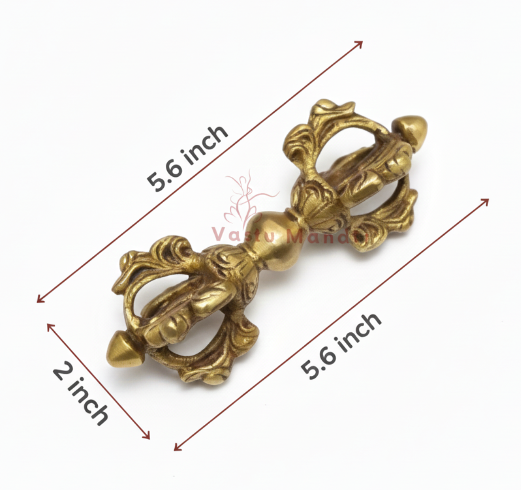 Small brass Vajra Dorje dimension diagram showing 5.6-inch length and 2-inch width