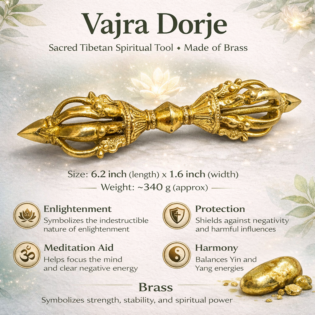 Brass Vajra Dorje ritual tool feature infographic describing the brass Vajra Dorje form