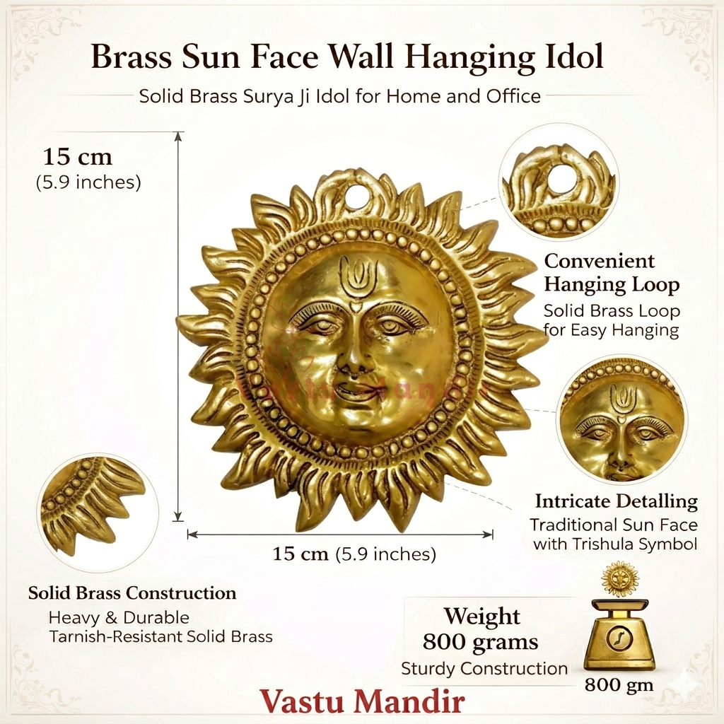 15 cm brass sun face wall hanging feature infographic showing 15 cm size, hanging loop and brass construction