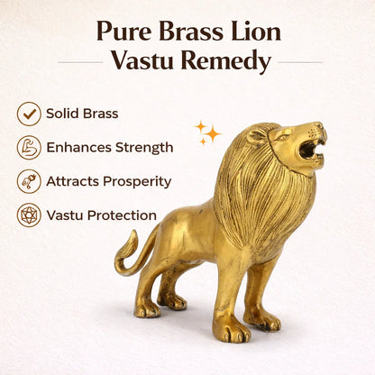Brass lion statue with text on a white background