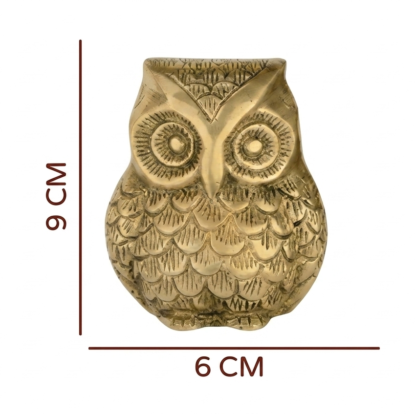 Brass owl idol dimension diagram showing 9 cm height and 6 cm width