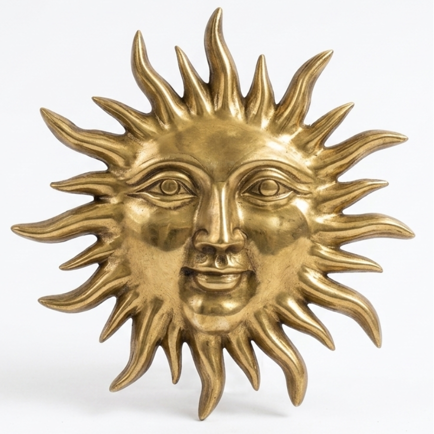 Brass sun-shaped decorative item on a white background
