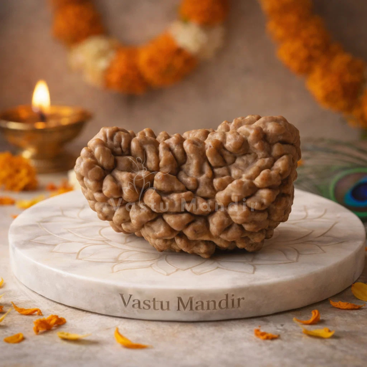 Certified 1 Mukhi Half Moon Rudraksha with decorative elements and a lit lamp in the background.