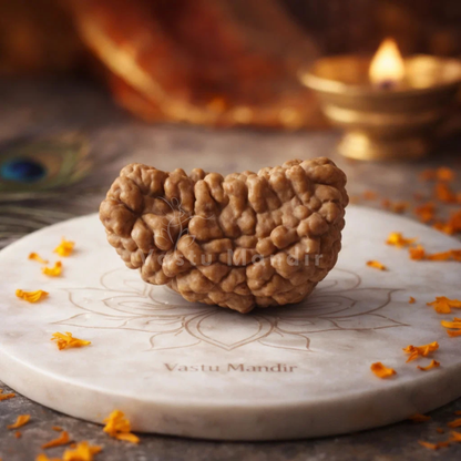 Certified 1 Mukhi Half Moon Rudraksha with decorative elements and a blurred background