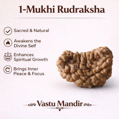 1-Mukhi Rudraksha with benefits listed on a white background