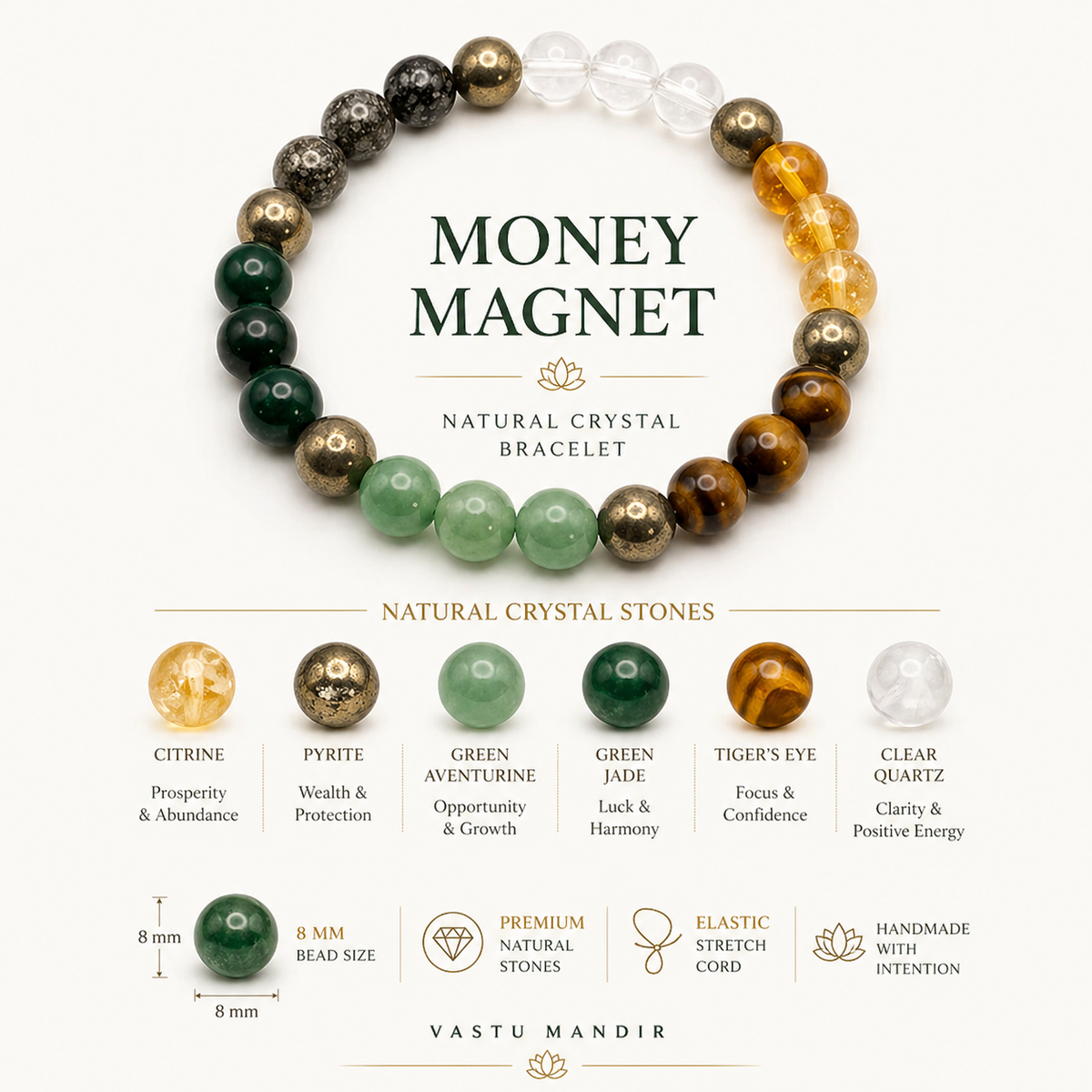 Money magnet crystal bracelet with round beads on a clean white background