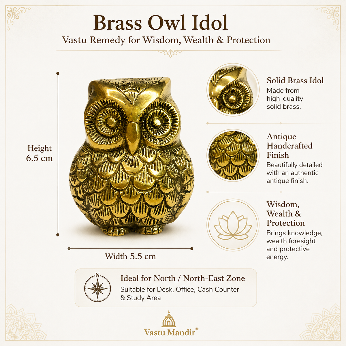 Brass owl idol feature infographic highlighting eyes, feather texture and solid brass body
