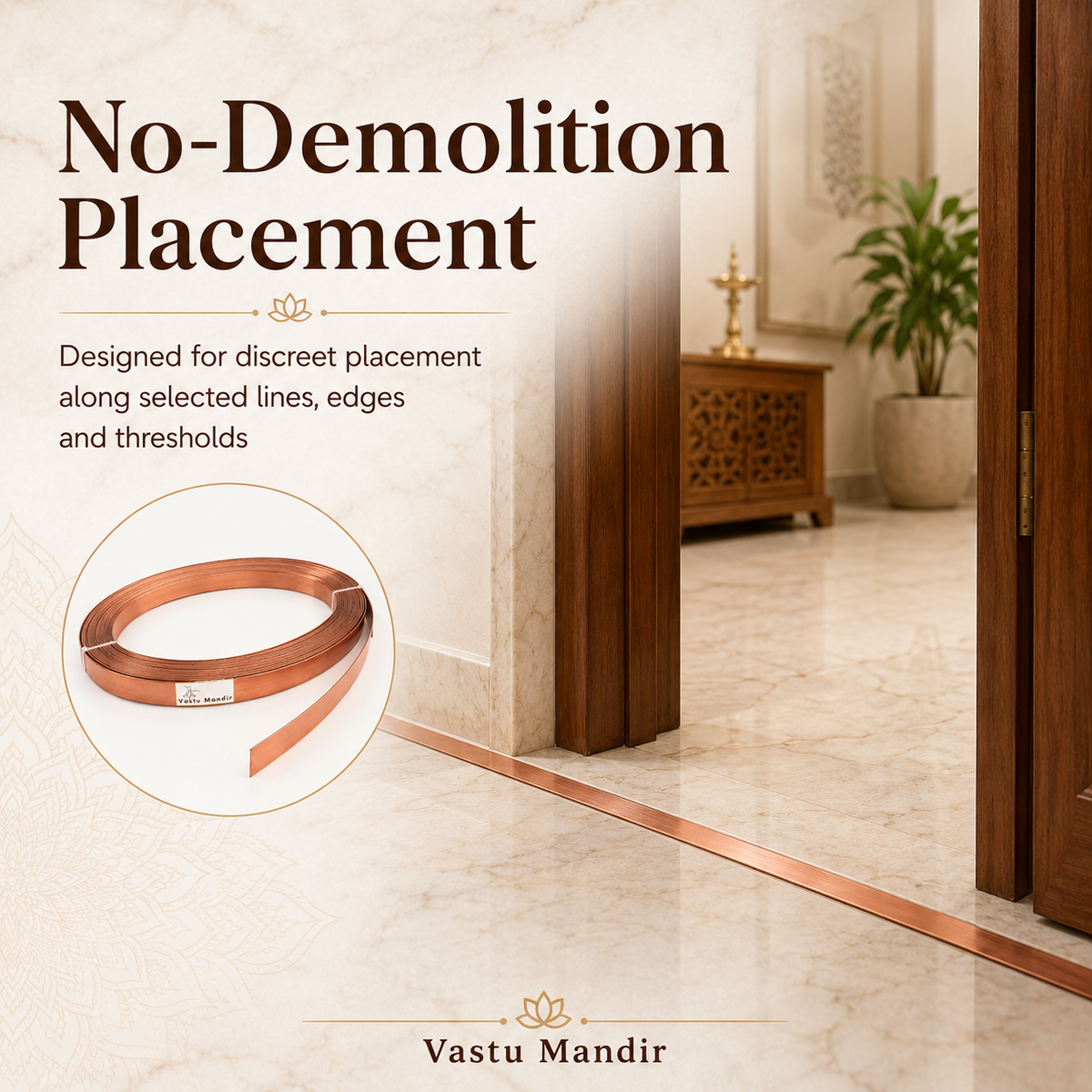 Copper Vastu strip placement guide showing a concealed strip across a doorway threshold