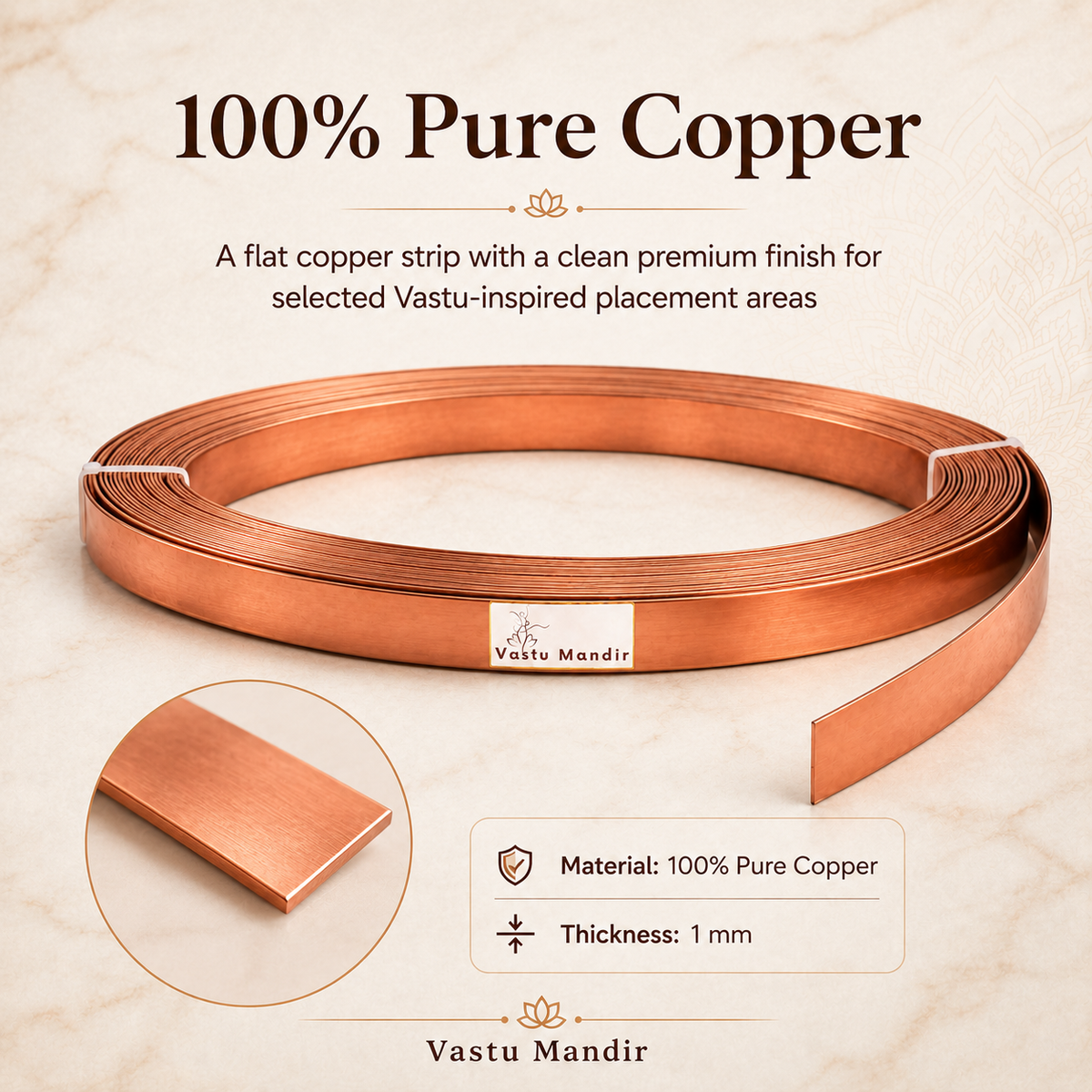 Pure copper Vastu strip infographic showing copper material and 1 mm flat profile