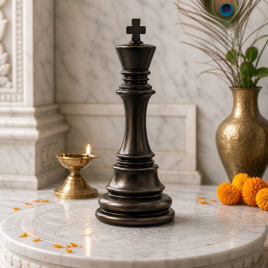 Black and gold king chess piece resin sculpture displayed in a luxury office setting