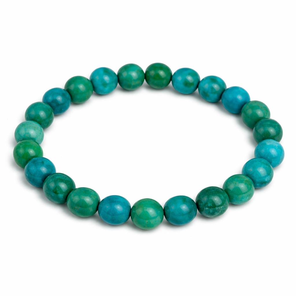 Chrysocolla Stone beaded bracelet on a white background