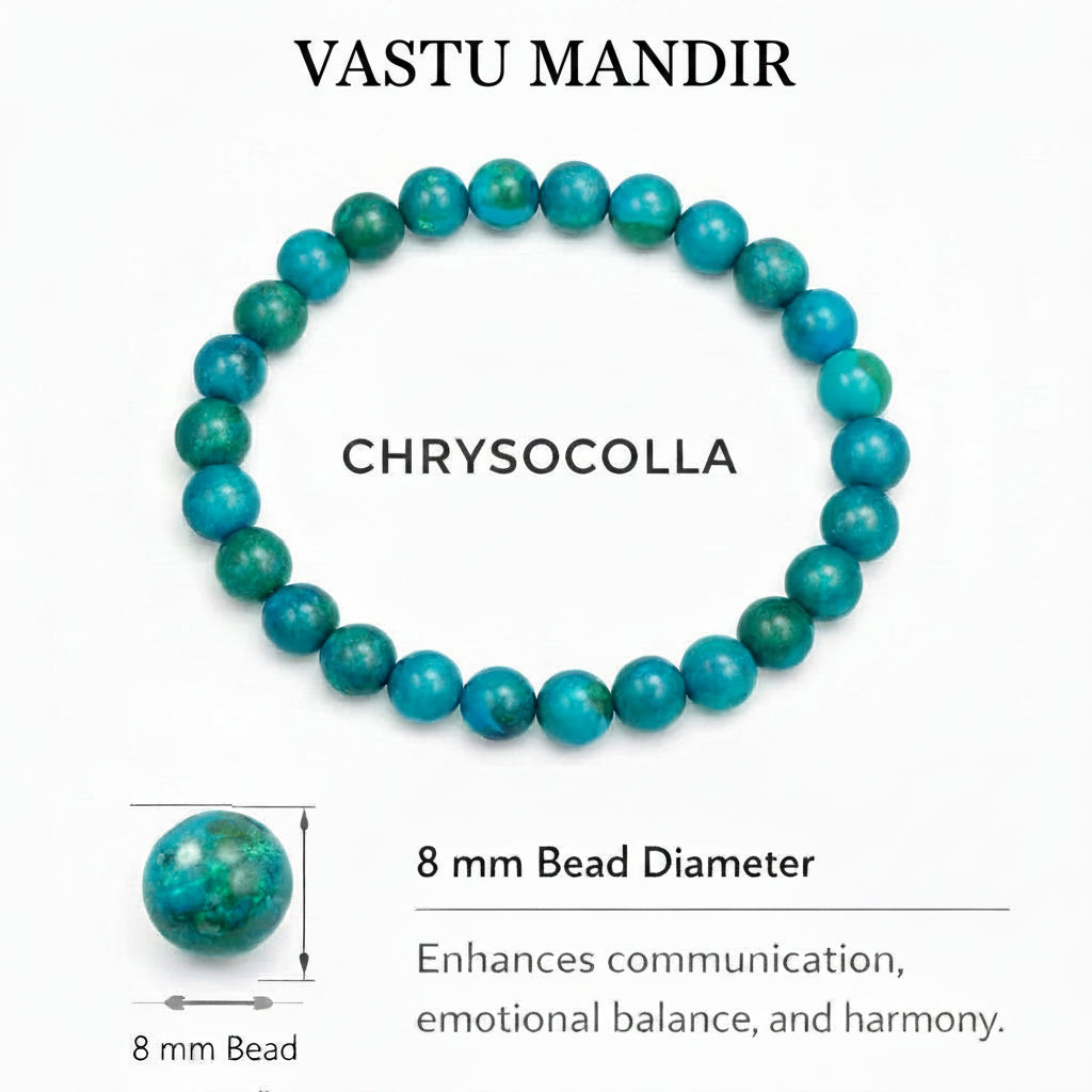Chrysocolla bracelet with 8 mm beads on a white background