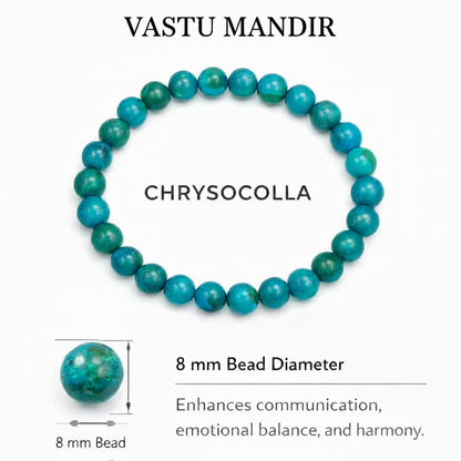Chrysocolla bracelet with 8 mm beads on a white background
