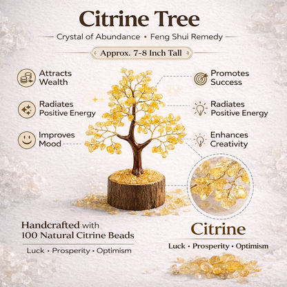 Citrine tree crystal with properties and benefits on a textured background
