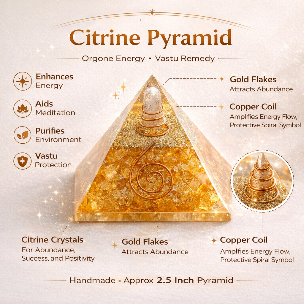Citrine pyramid with gold flakes and copper coil on a beige background