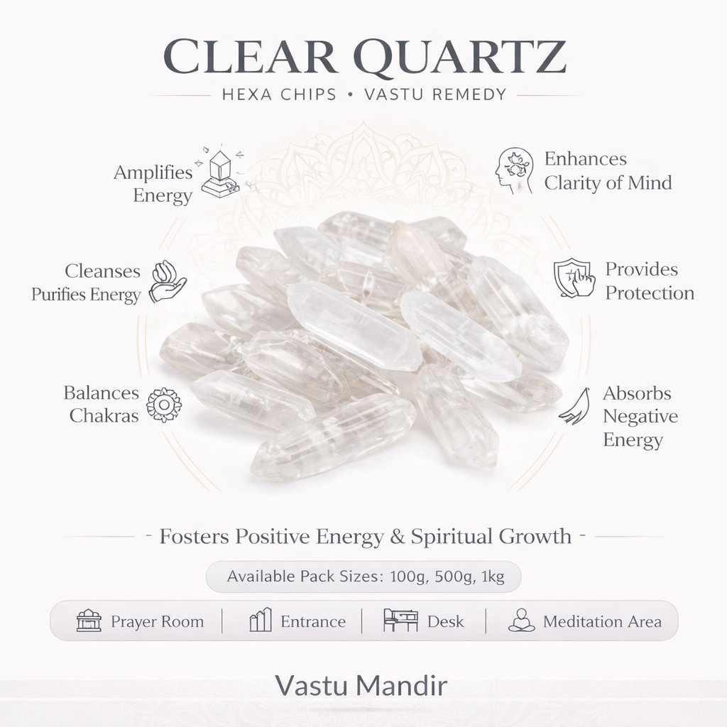 Clear quartz hexa chips with their benefits on a white background