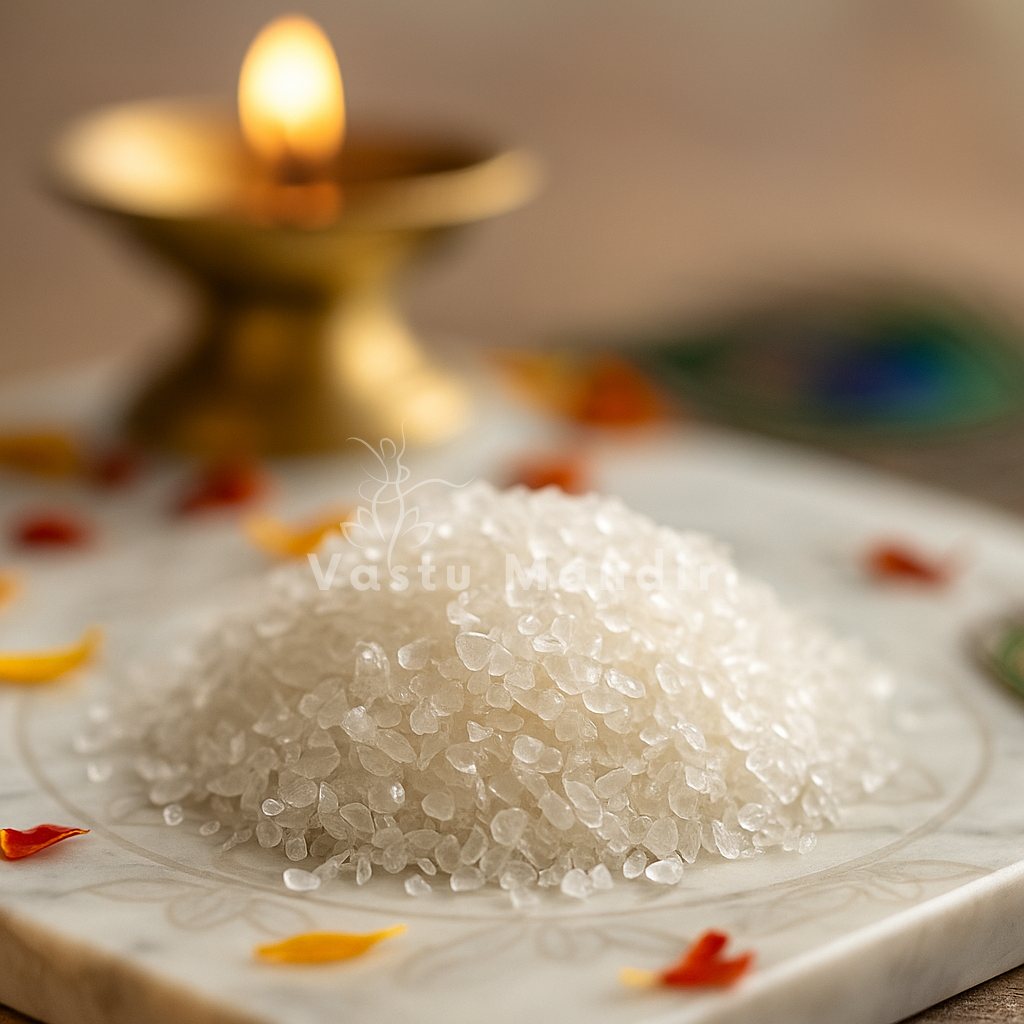 Clear quartz crystal chips arranged on a carved white plate with marigold petals and a softly lit diya