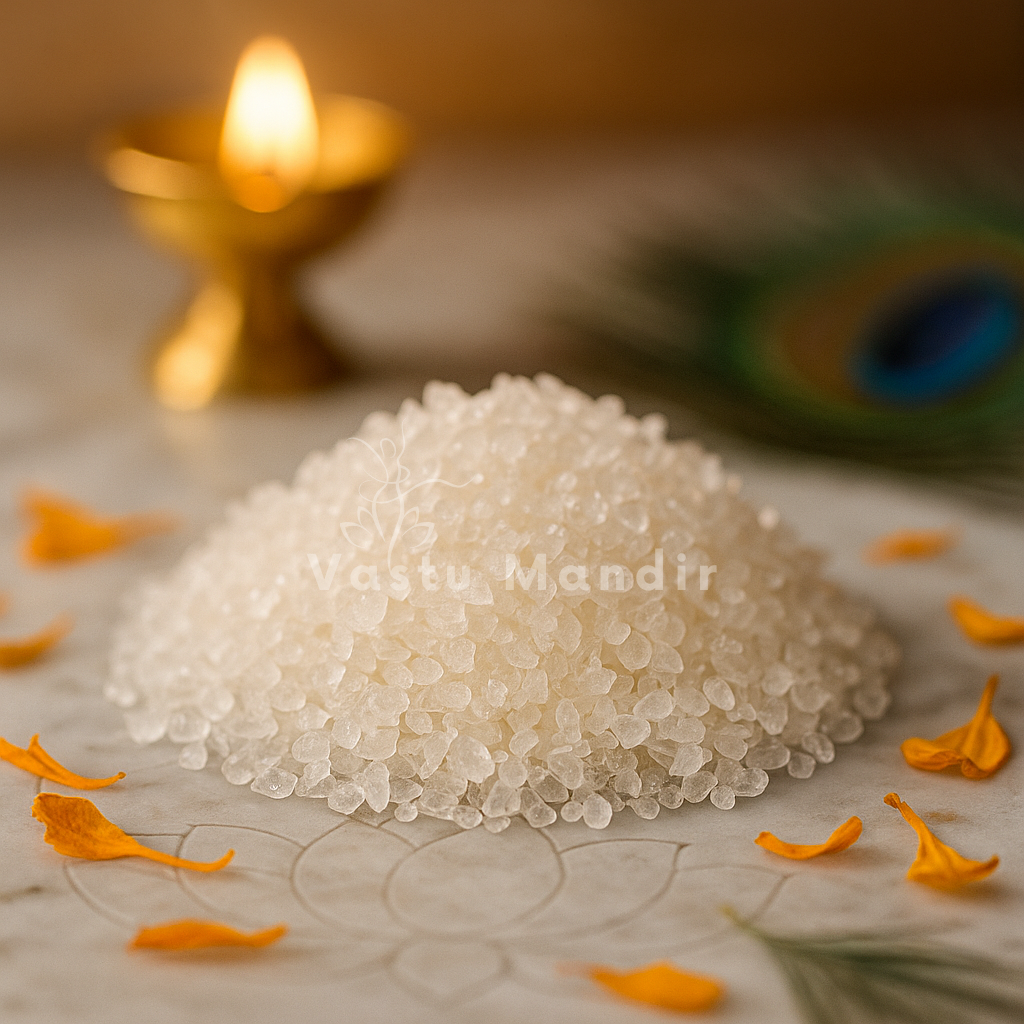 Angled view of clear quartz crystal chips on a white plate with marigold petals and a peacock feather
