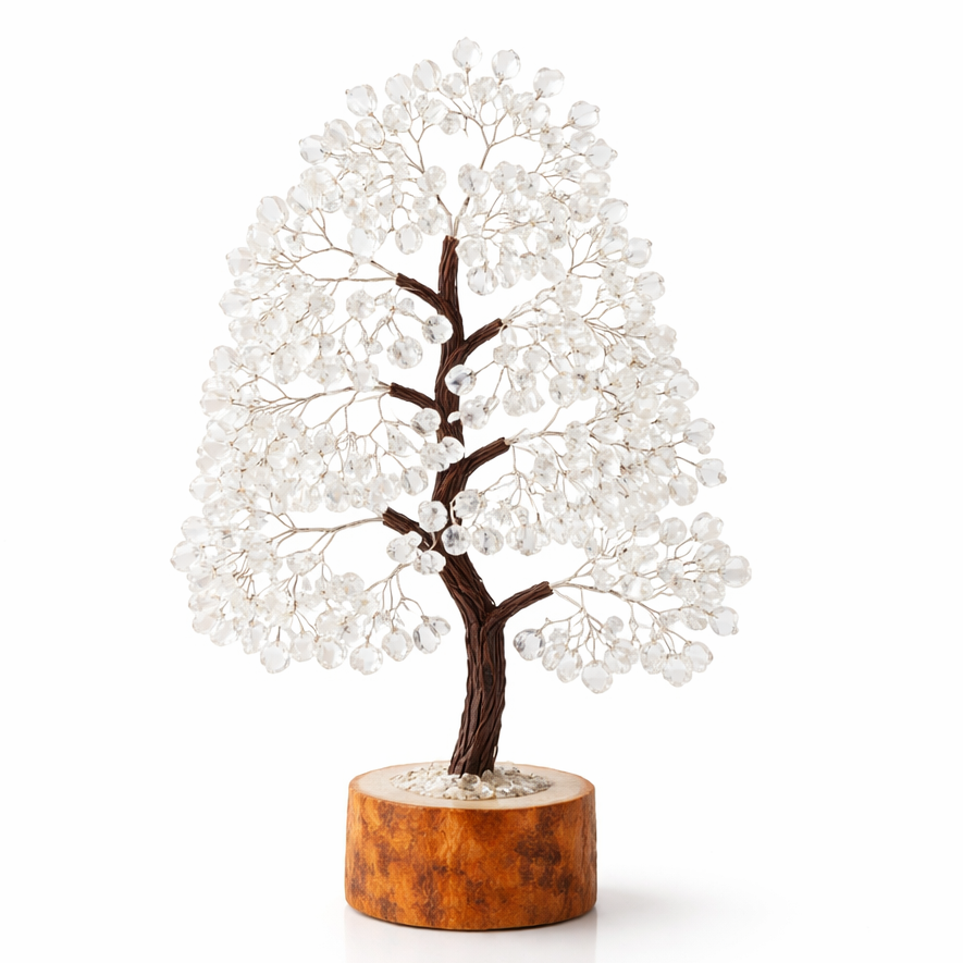 Clear Quartz Vastu Tree (300 Beads) on a brown base against a white background