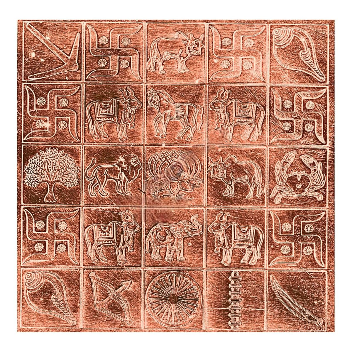 A square copper manjusha box featuring a 4x4 grid of embossed traditional symbols and motifs, including swastikas, animals, a tree, and a wheel, shown against a plain white background.
