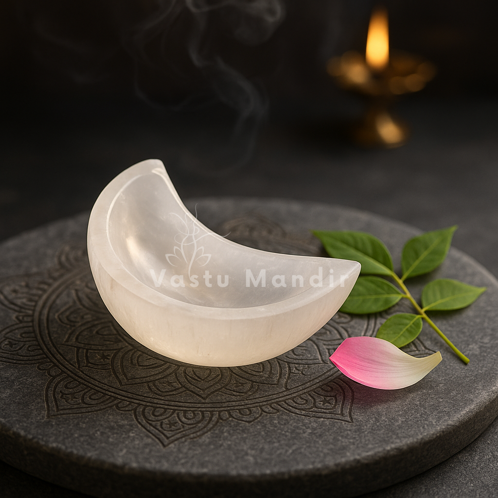 Crescent Moon Selenite Charging Bowl on a dark surface with 'Vastu Mandir' branding.