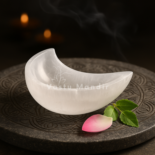 A crescent moon selenite charging bowl on a dark surface with a pink flower petal and green leaves.