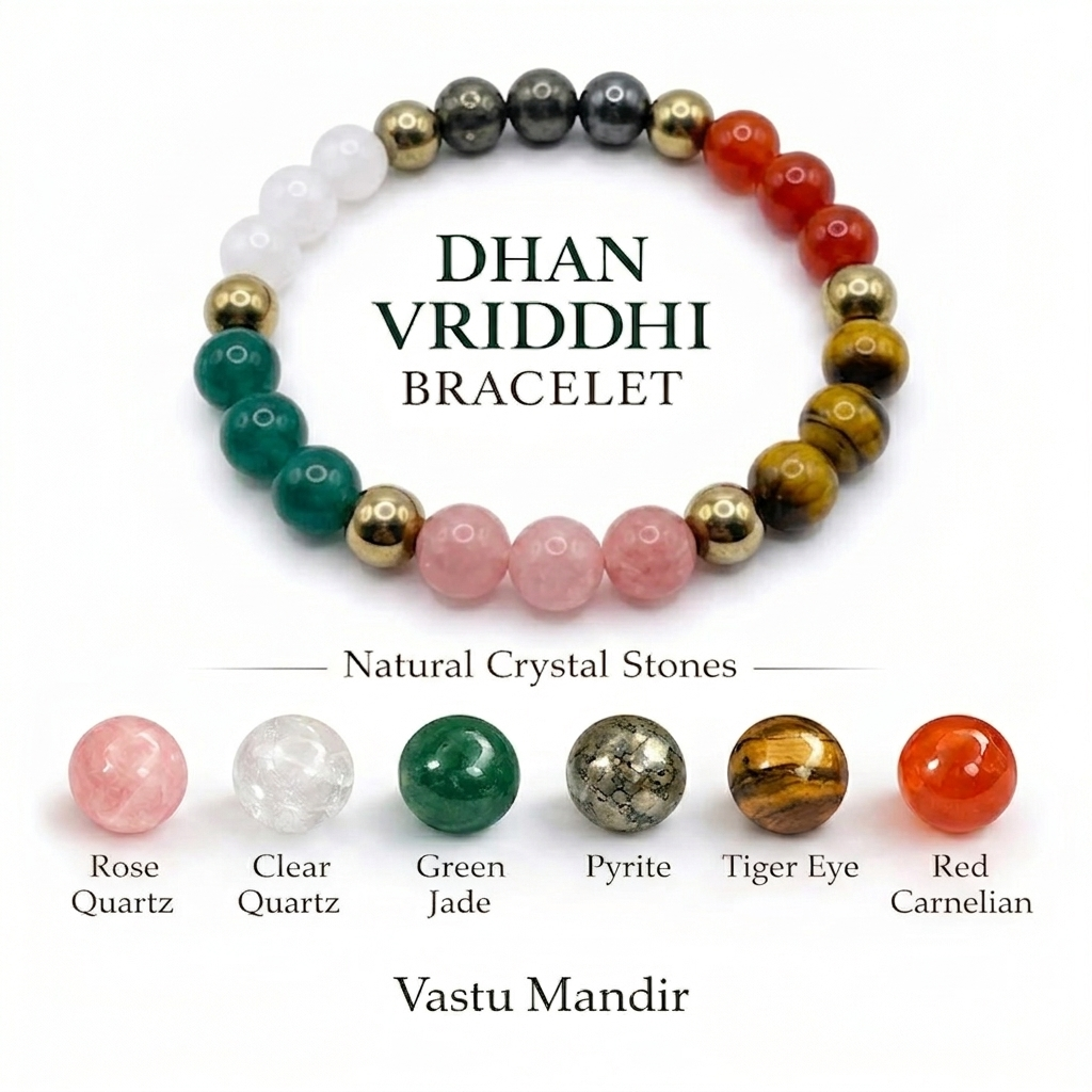 Dhan Vriddhi bracelet with natural crystal stones and their names displayed below on a white background