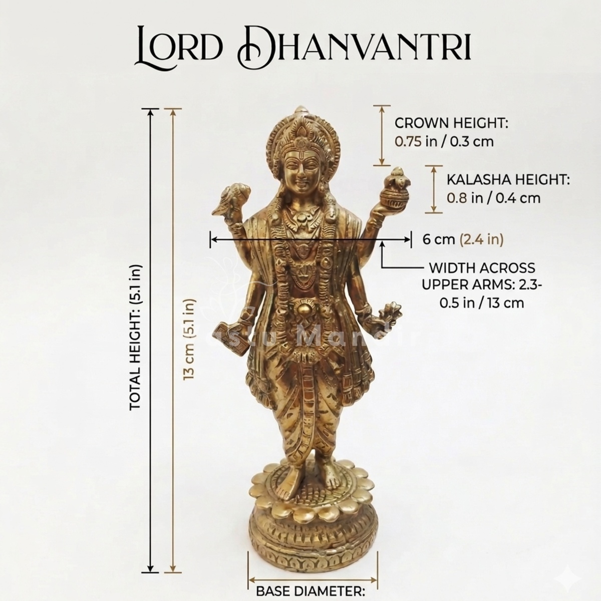 Brass Dhanvantri idol dimension infographic showing the crown, four arms and overall height