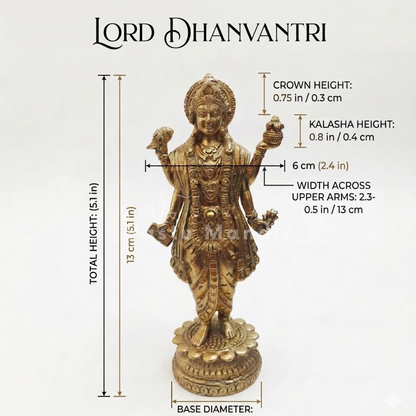 Brass Dhanvantri idol dimension infographic showing the crown, four arms and overall height