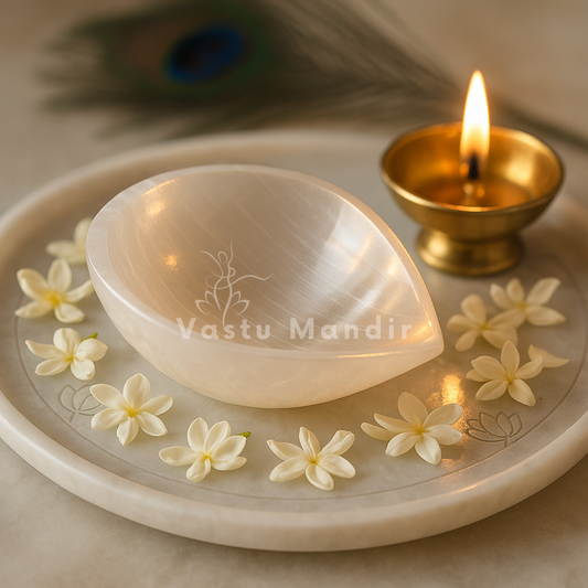 Diya Selenite Charging Bowl with flowers and a lit candle on a marble surface