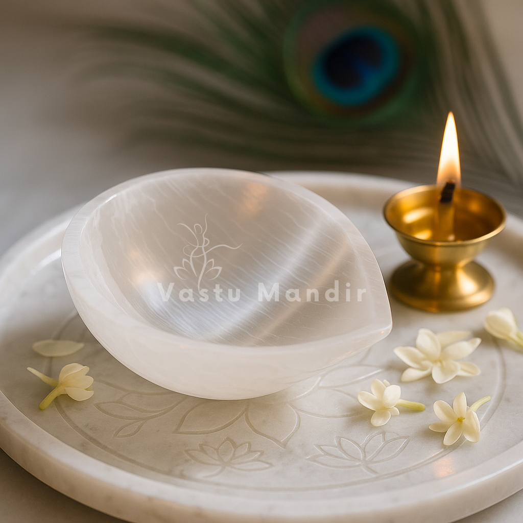 Diya Selenite Charging Bowl image with 'Vastu Mandir' branding on a decorative plate with flowers and a lit candle.