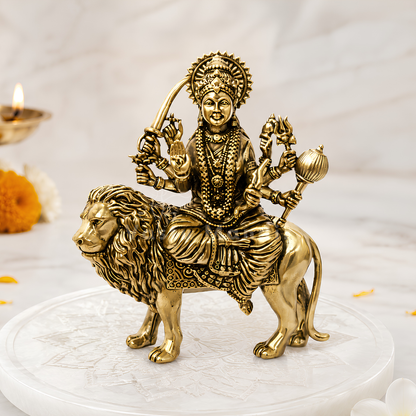 Durga Mata Ji brass idol alternate front angle showing the multi-armed form