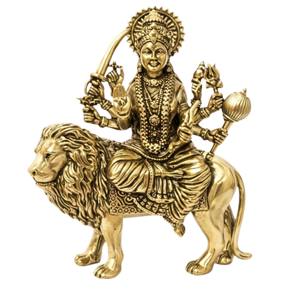 Durga Mata Ji brass idol alternate full-length view isolated on white background