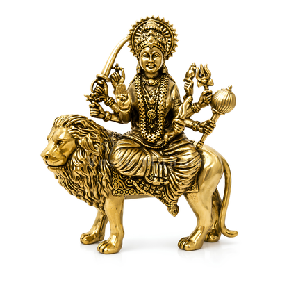 Durga Mata Ji brass idol front view isolated on white background