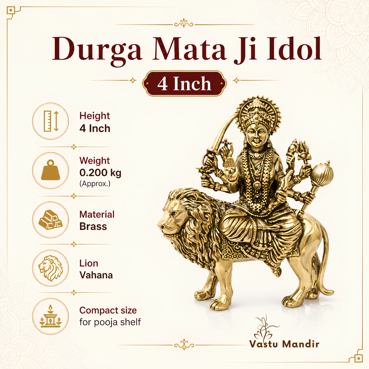 Durga Mata Ji brass idol dimension and weight infographic for the smaller idol