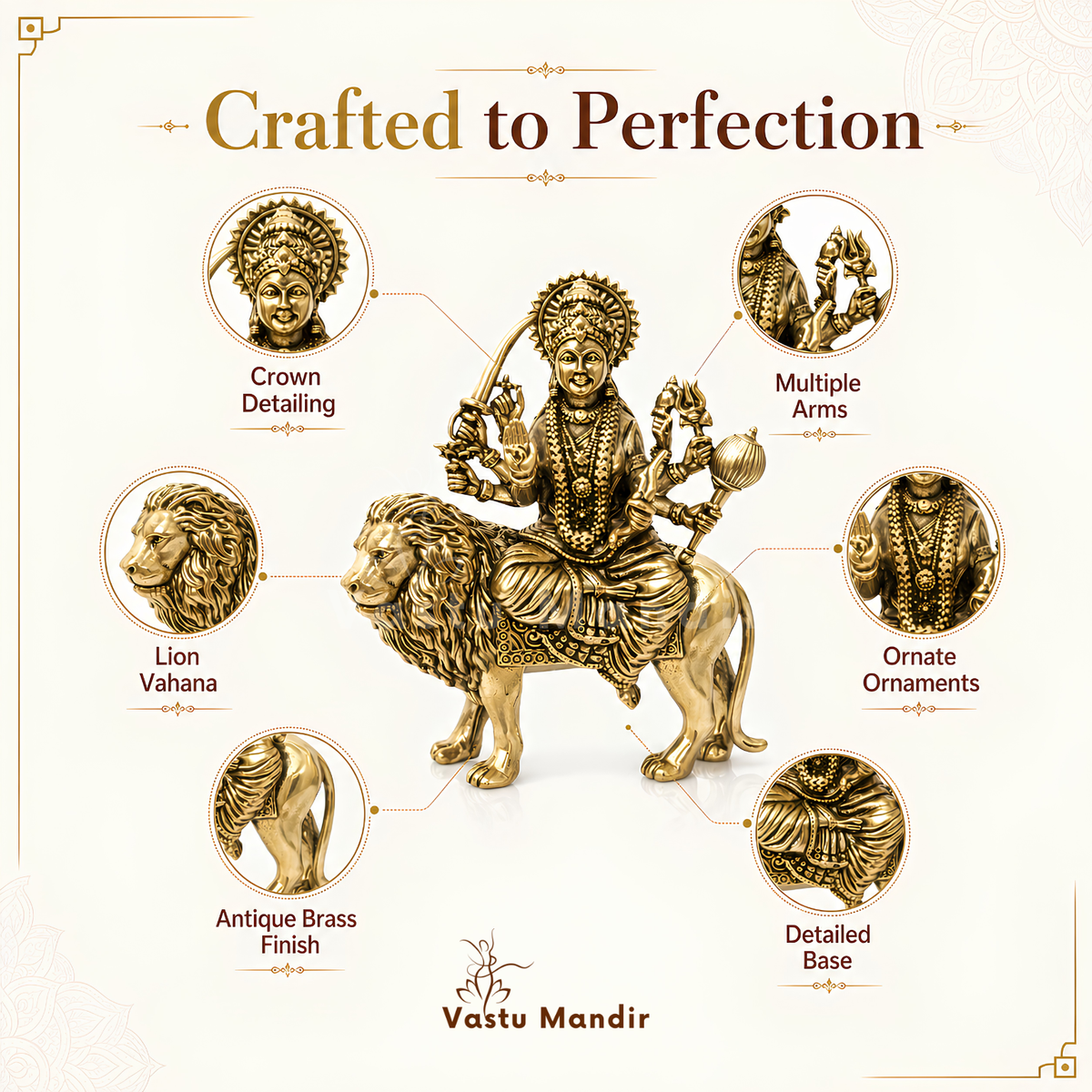Durga Mata Ji brass idol feature infographic highlighting crown, weapons and lion mount