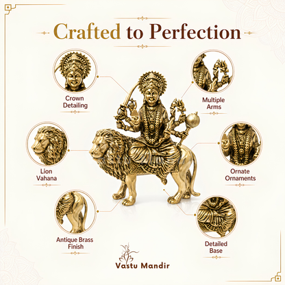 Durga Mata Ji brass idol feature infographic highlighting crown, weapons and lion mount
