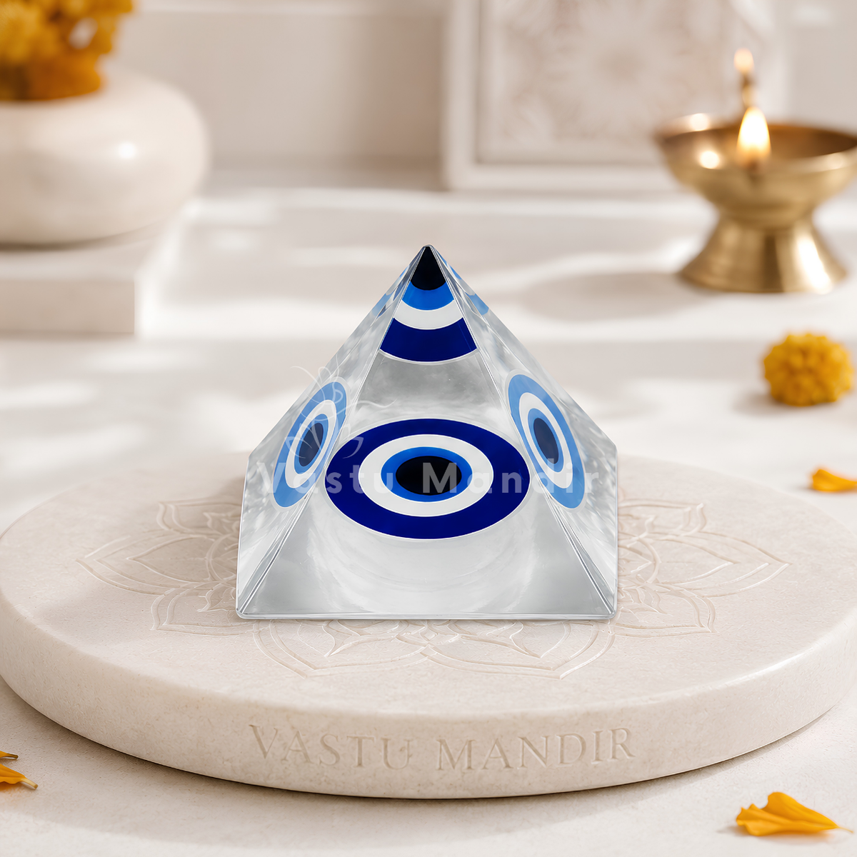 Nazar Raksha (Evil Eye) Pyramid Vastu Remedy for Home Protection, Aura Cleansing and Emotional Security with Evil Eye Shield for Entrance and Living Spaces | 8 cm | 140 g