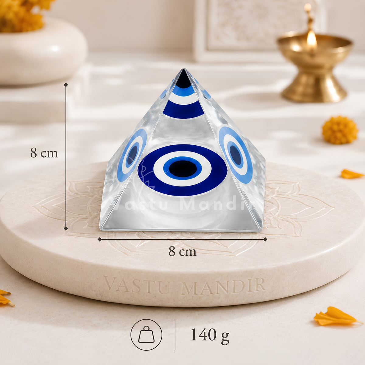 Nazar Raksha (Evil Eye) Pyramid Vastu Remedy for Home Protection, Aura Cleansing and Emotional Security with Evil Eye Shield for Entrance and Living Spaces | 8 cm | 140 g