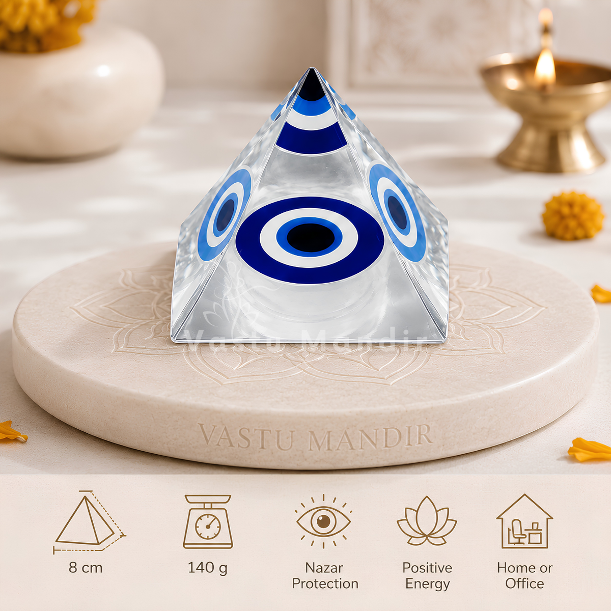 Nazar Raksha (Evil Eye) Pyramid Vastu Remedy for Home Protection, Aura Cleansing and Emotional Security with Evil Eye Shield for Entrance and Living Spaces | 8 cm | 140 g