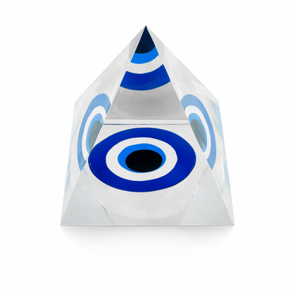 Evil Eye (Nazar Raksha) Pyramid with blue and white circular patterns on a white background