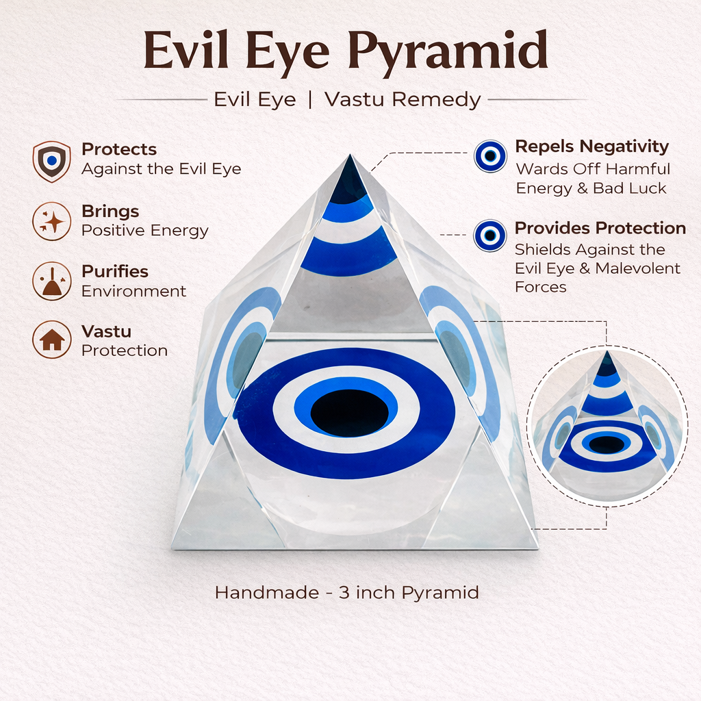 Evil Eye Pyramid with features and benefits on a white background