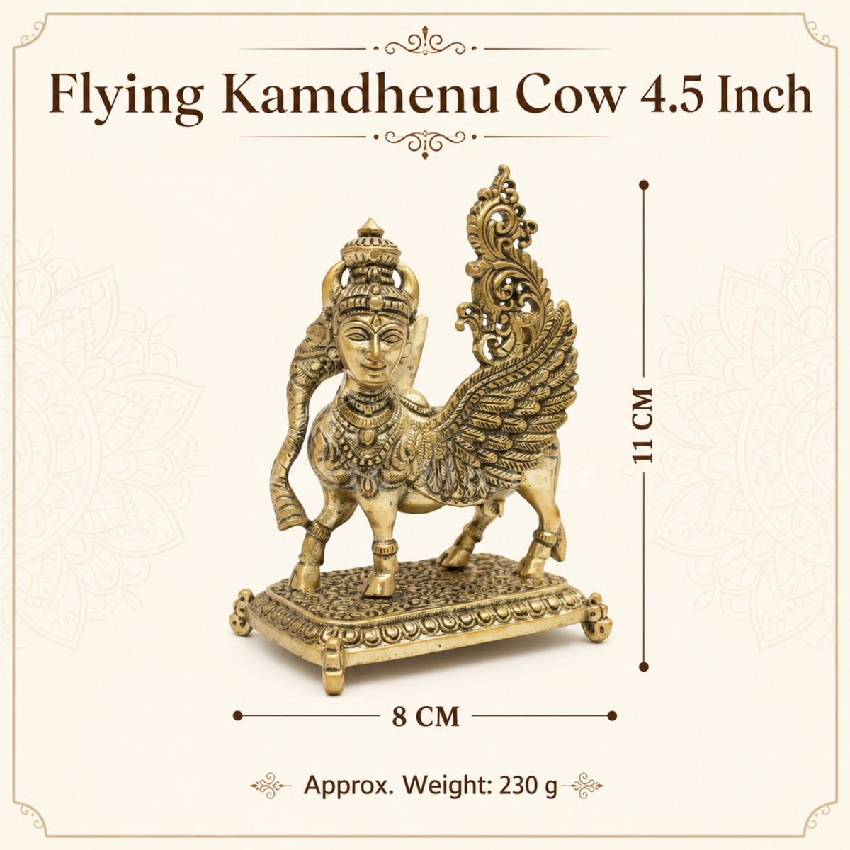 Flying Kamdhenu cow brass idol dimension and weight infographic for one size