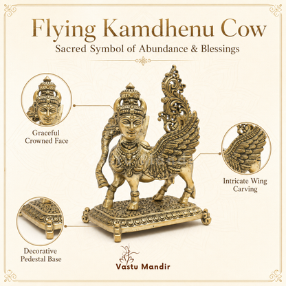 Flying Kamdhenu cow brass idol feature infographic highlighting wings, calf and engraved body