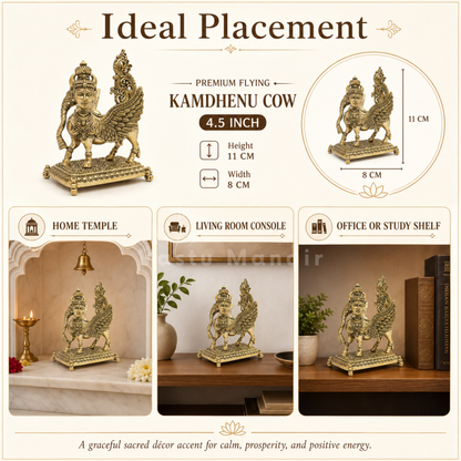 Flying Kamdhenu cow brass idol placement infographic for home and office display