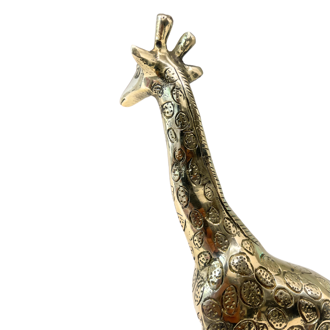 Brass giraffe idol close-up of engraved body and shoulder details